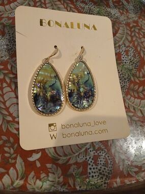 Iridescent Teardrop Dangle Earrings - Blue Green